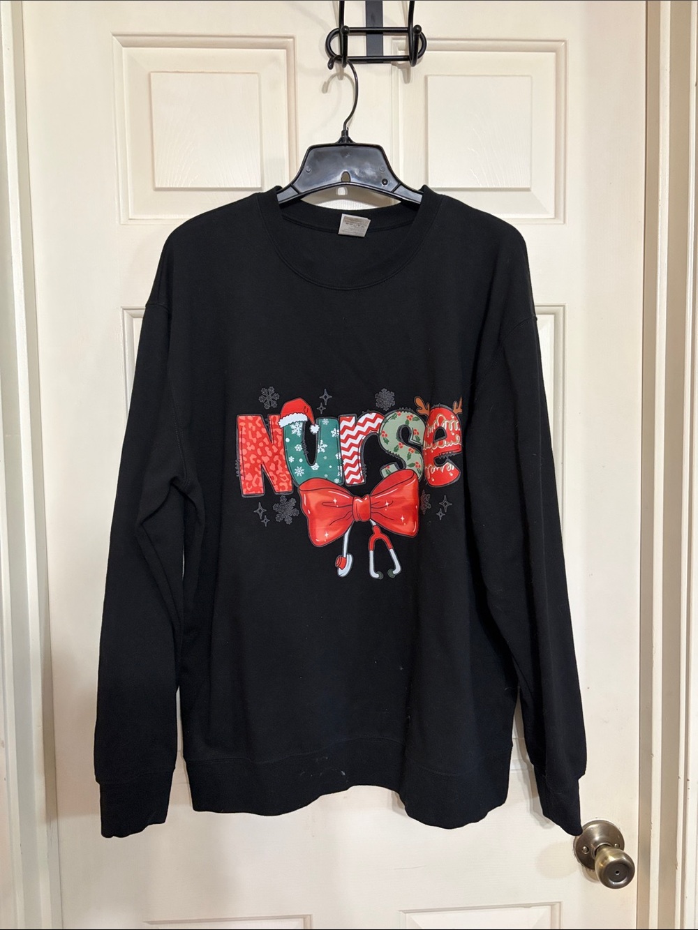 Black 'Nurse' Holiday Crewneck Sweater with Red Bow